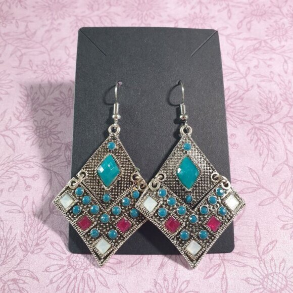 Vintage-Style Silver Tone Geometric Dangle Earrings With Turquoise & Red Accents - Picture 1 of 7